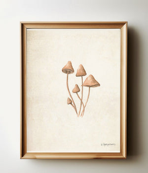 Hay Mushrooms watercolour print in a natural wood frame