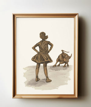 Fearless Girl watercolour print in a natural wood frame