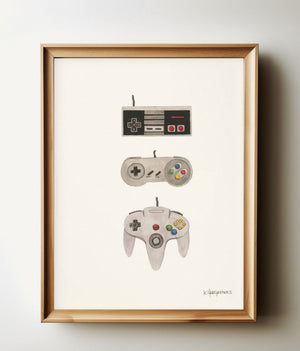 Gaming Controllers watercolour print in a natural wood frame