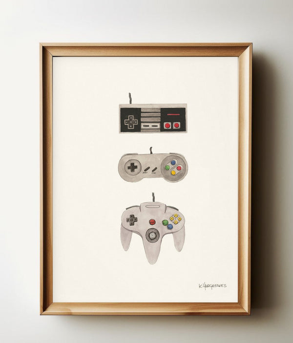 Gaming Controllers watercolour print in a natural wood frame