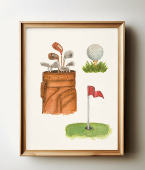 Golf Hole in One watercolour print in a natural wood frame