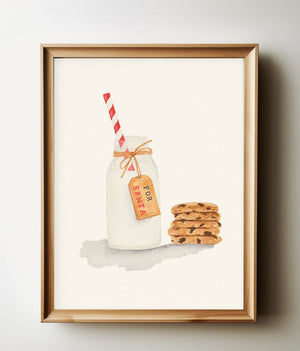 Milk and Cookies watercolour print in a natural wood frame