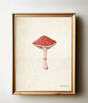 Fly Mushroom watercolour print in a natural wood frame