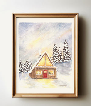 Winter Cabin watercolour print in a natural wood frame