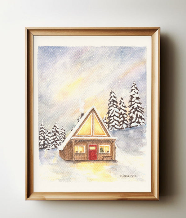 Winter Cabin watercolour print in a natural wood frame